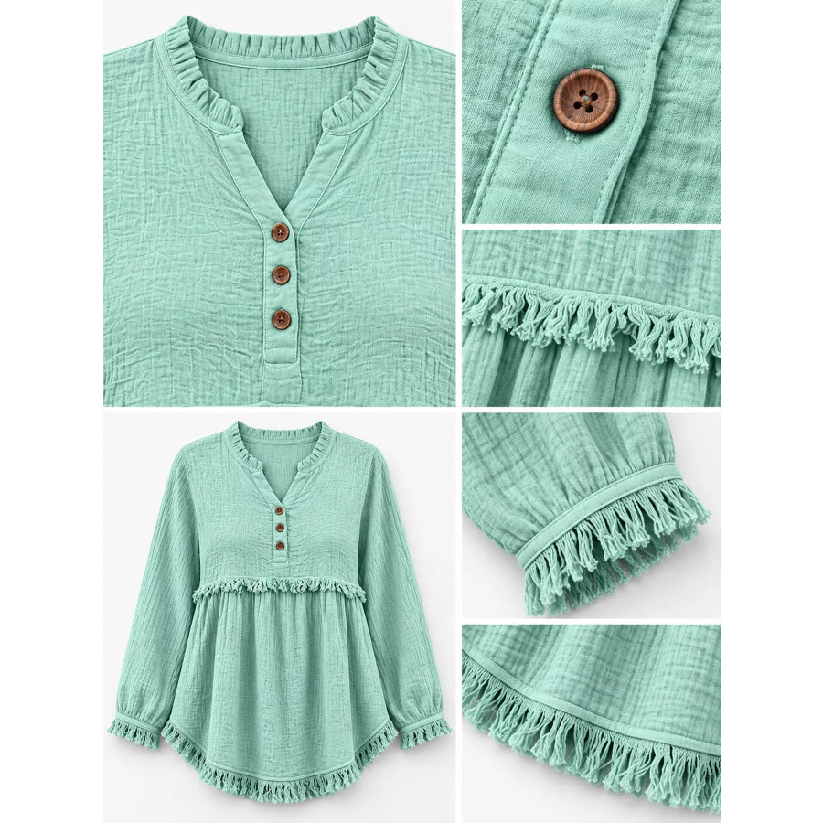 Full Size Frayed Hem Button Detail Blouse Plus Apparel and Accessories
