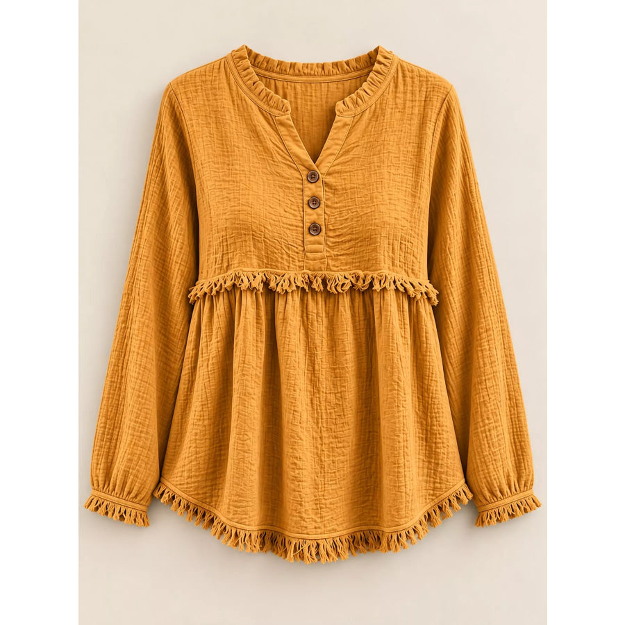 Full Size Frayed Hem Button Detail Blouse Plus Apparel and Accessories