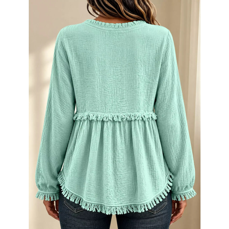 Full Size Frayed Hem Button Detail Blouse Plus Apparel and Accessories
