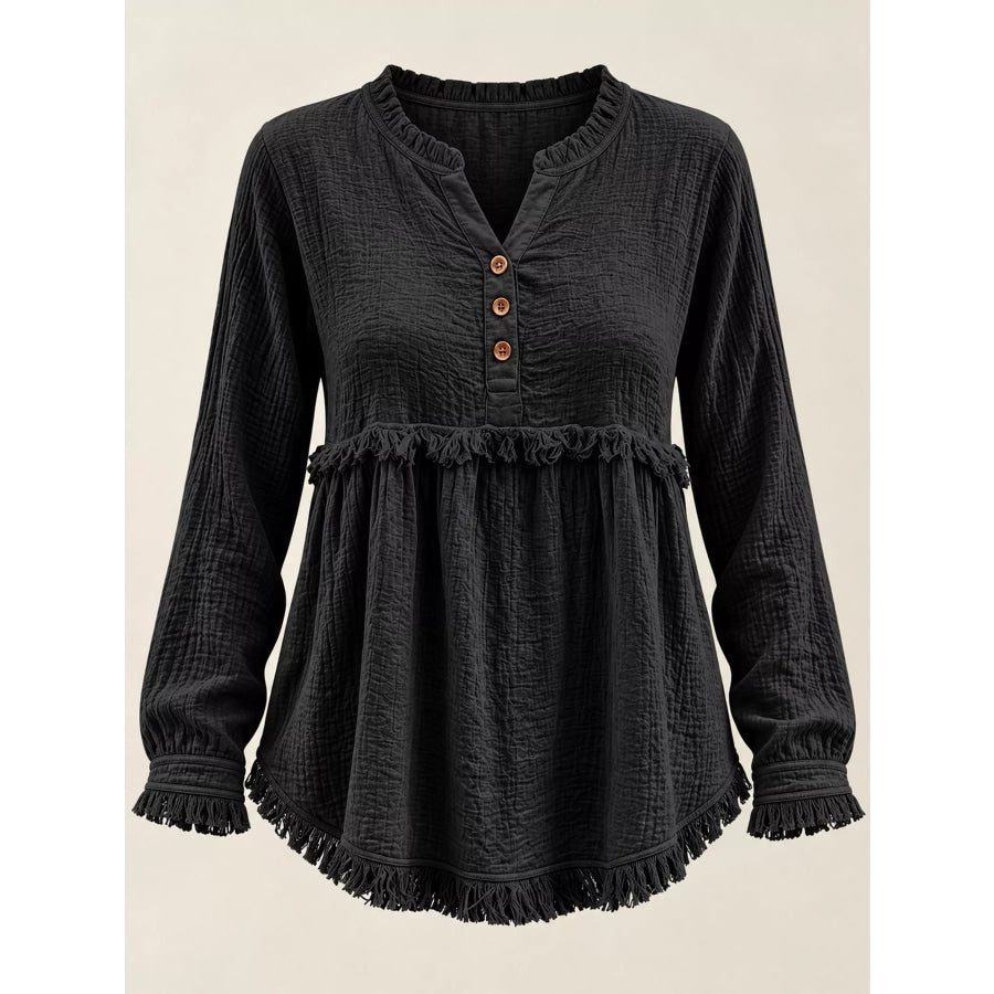 Full Size Frayed Hem Button Detail Blouse Plus Apparel and Accessories