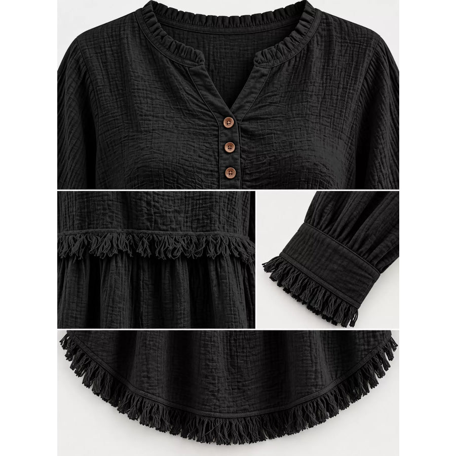 Full Size Frayed Hem Button Detail Blouse Plus Apparel and Accessories