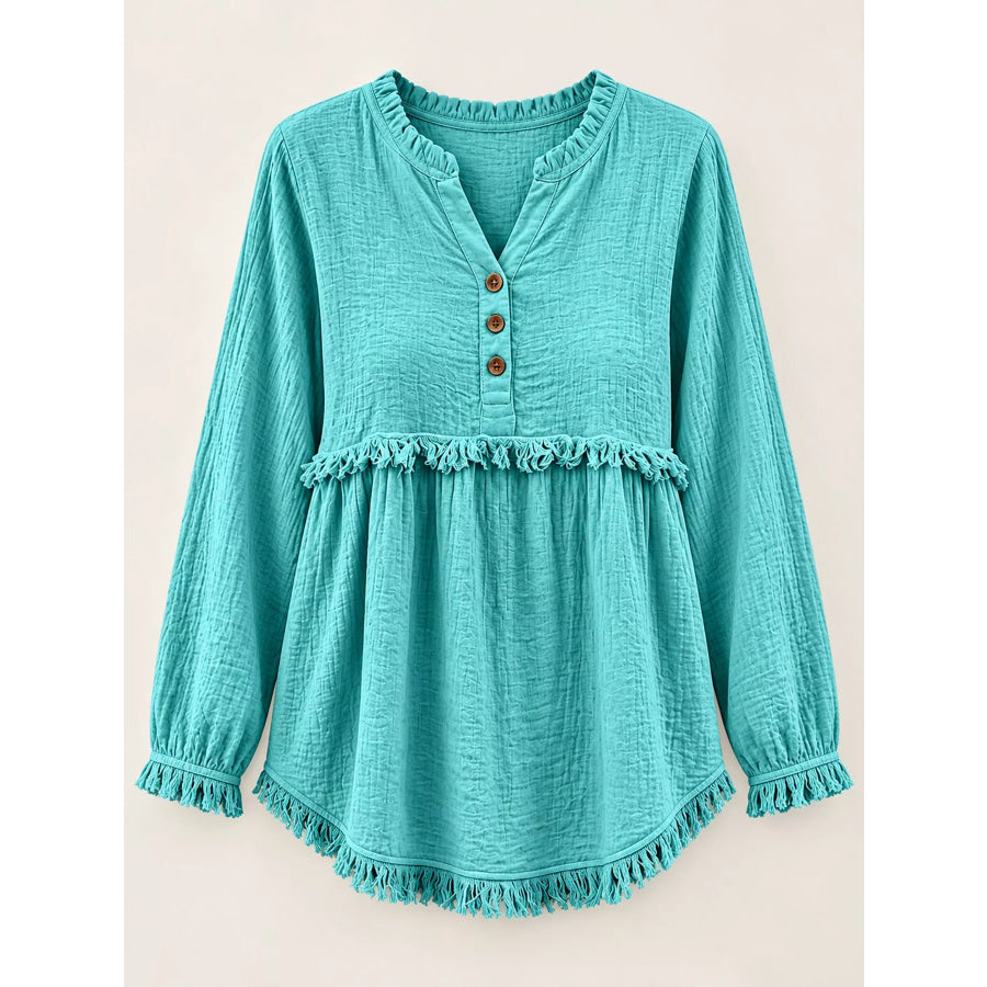 Full Size Frayed Hem Button Detail Blouse Plus Apparel and Accessories
