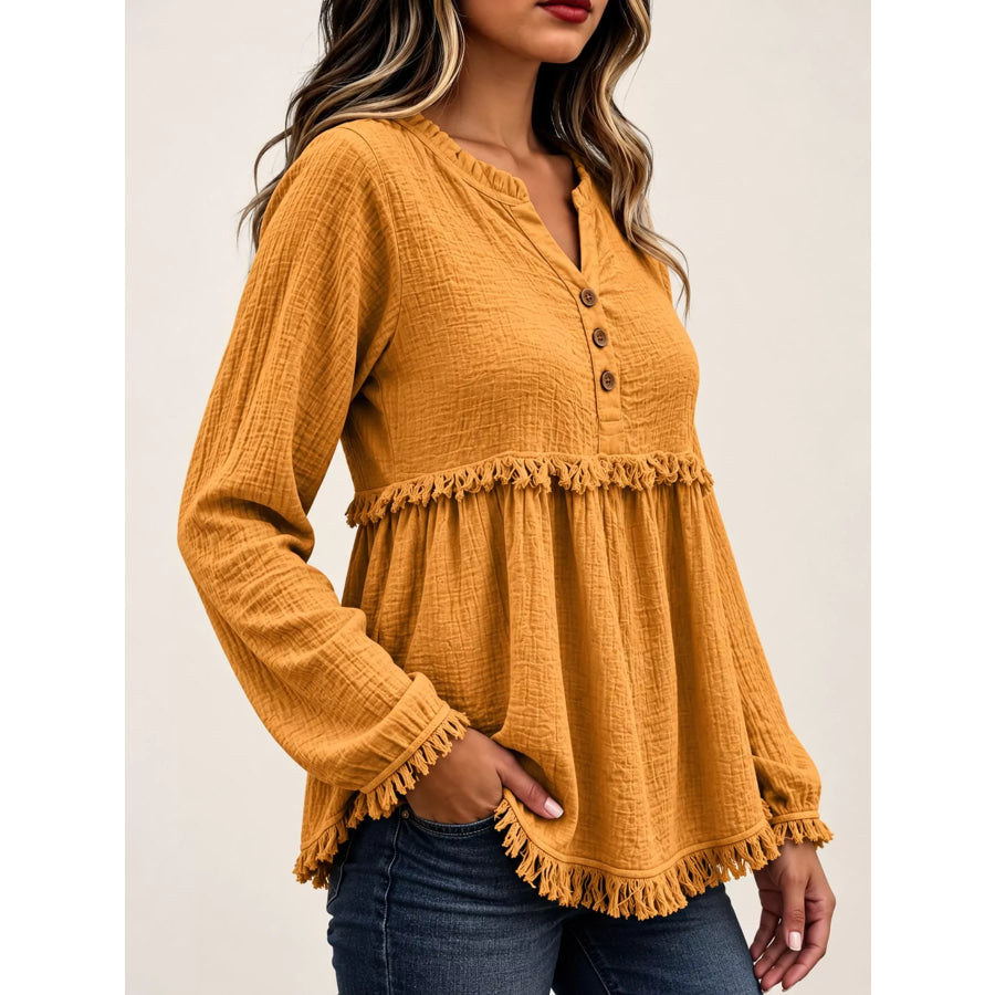 Full Size Frayed Hem Button Detail Blouse Plus Apparel and Accessories