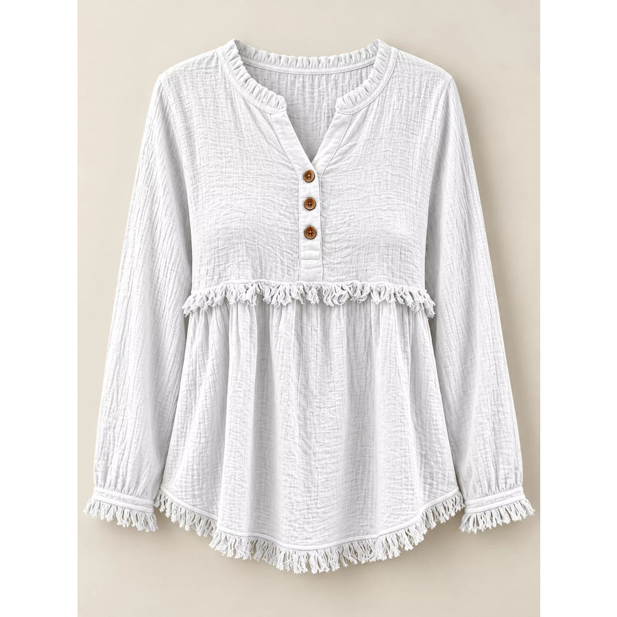 Full Size Frayed Hem Button Detail Blouse Plus Apparel and Accessories