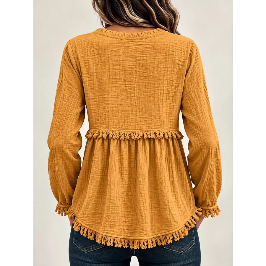 Full Size Frayed Hem Button Detail Blouse Plus Apparel and Accessories