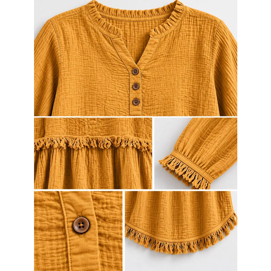 Full Size Frayed Hem Button Detail Blouse Plus Apparel and Accessories
