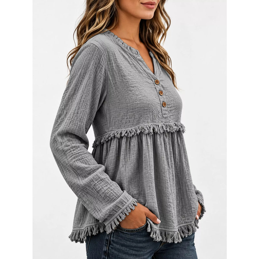 Full Size Frayed Hem Button Detail Blouse Plus Apparel and Accessories