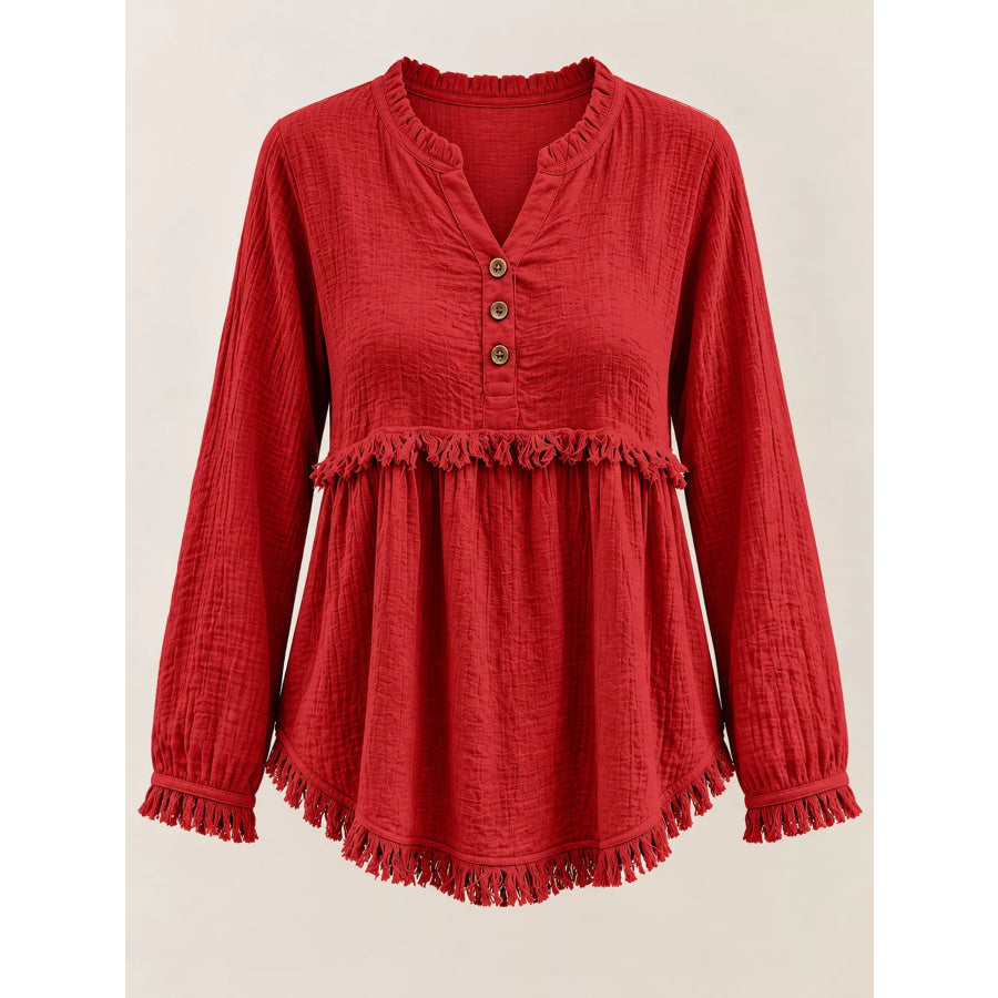 Full Size Frayed Hem Button Detail Blouse Plus Apparel and Accessories