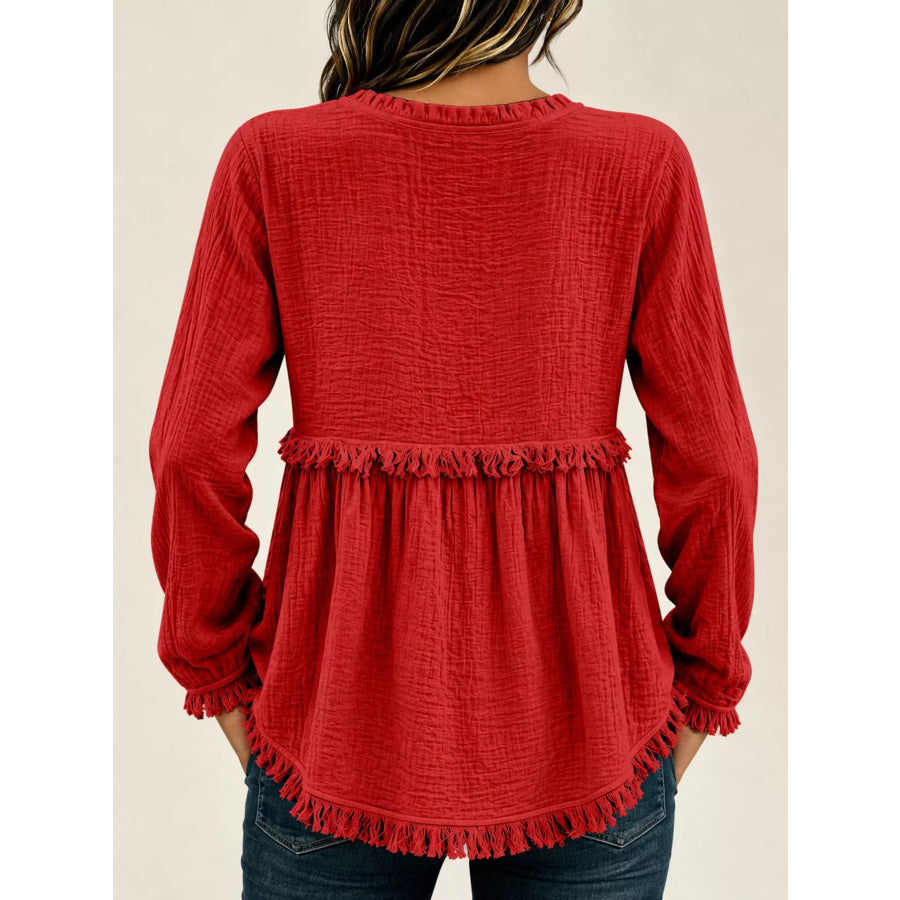 Full Size Frayed Hem Button Detail Blouse Plus Apparel and Accessories