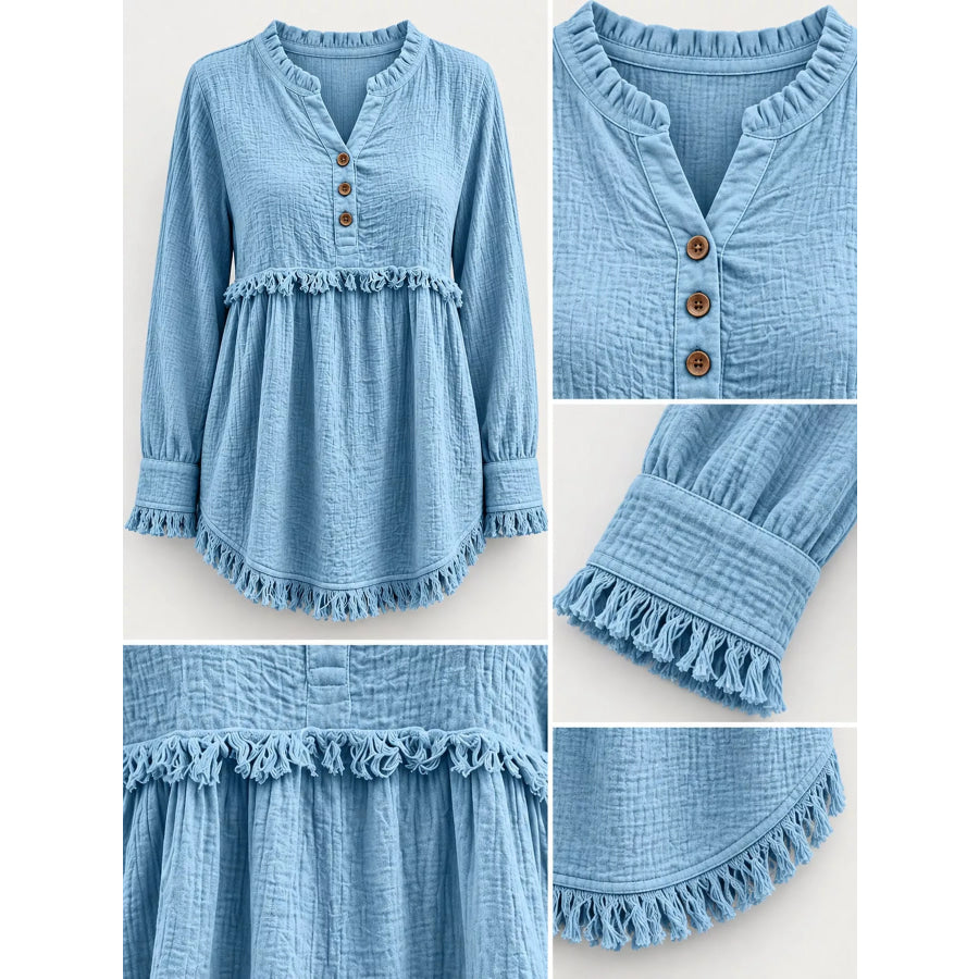 Full Size Frayed Hem Button Detail Blouse Plus Apparel and Accessories