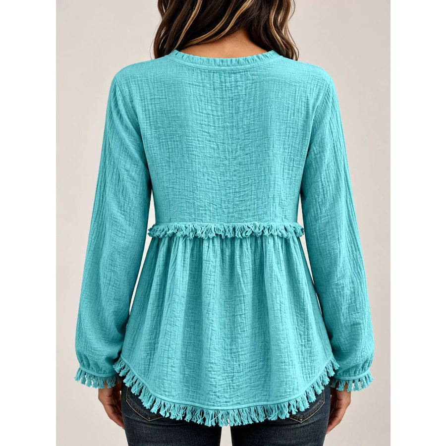 Full Size Frayed Hem Button Detail Blouse Plus Apparel and Accessories