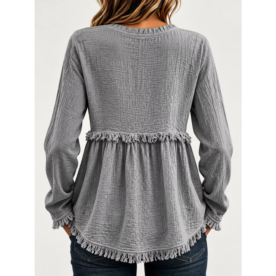 Full Size Frayed Hem Button Detail Blouse Plus Apparel and Accessories