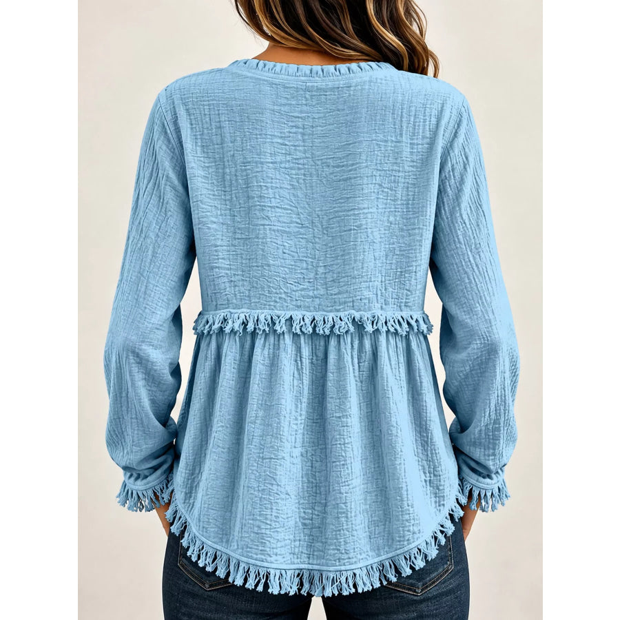Full Size Frayed Hem Button Detail Blouse Plus Apparel and Accessories