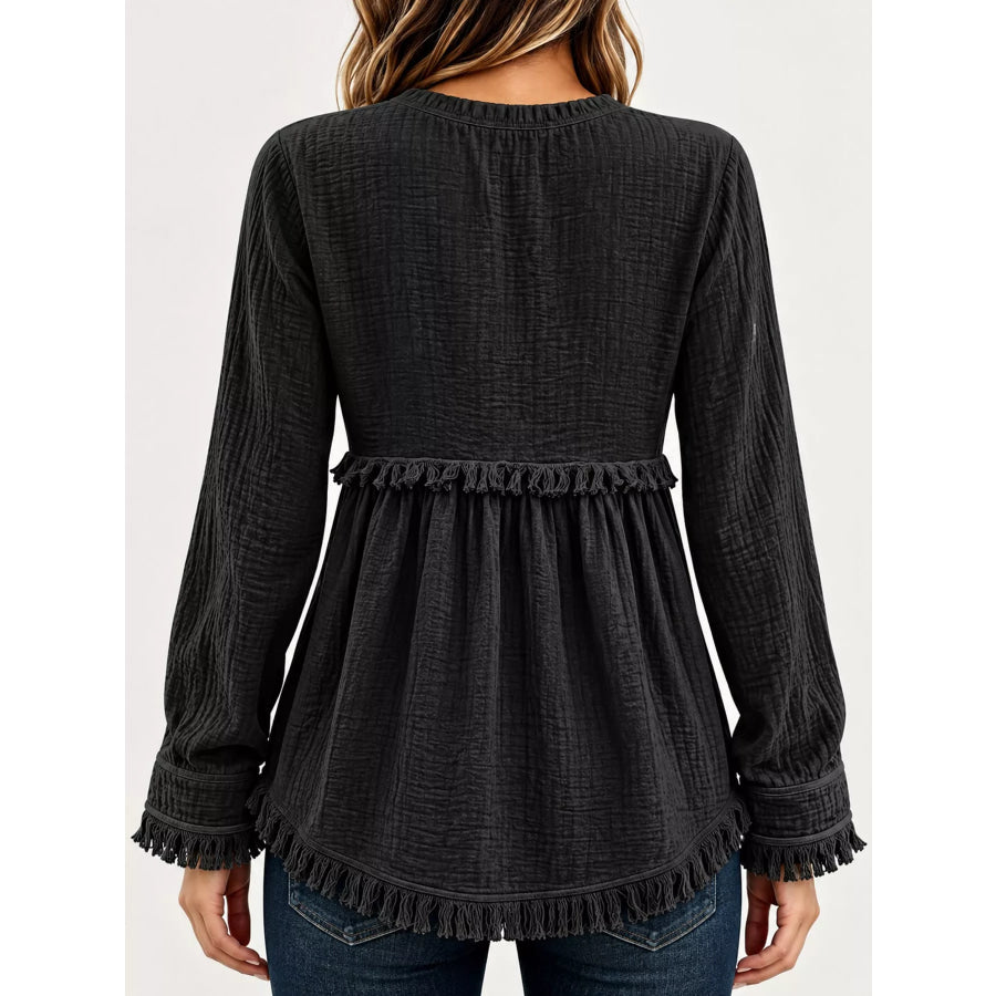 Full Size Frayed Hem Button Detail Blouse Plus Apparel and Accessories