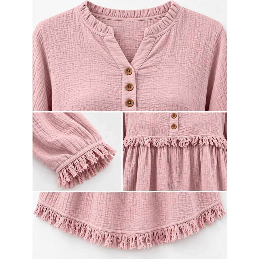 Full Size Frayed Hem Button Detail Blouse Plus Apparel and Accessories