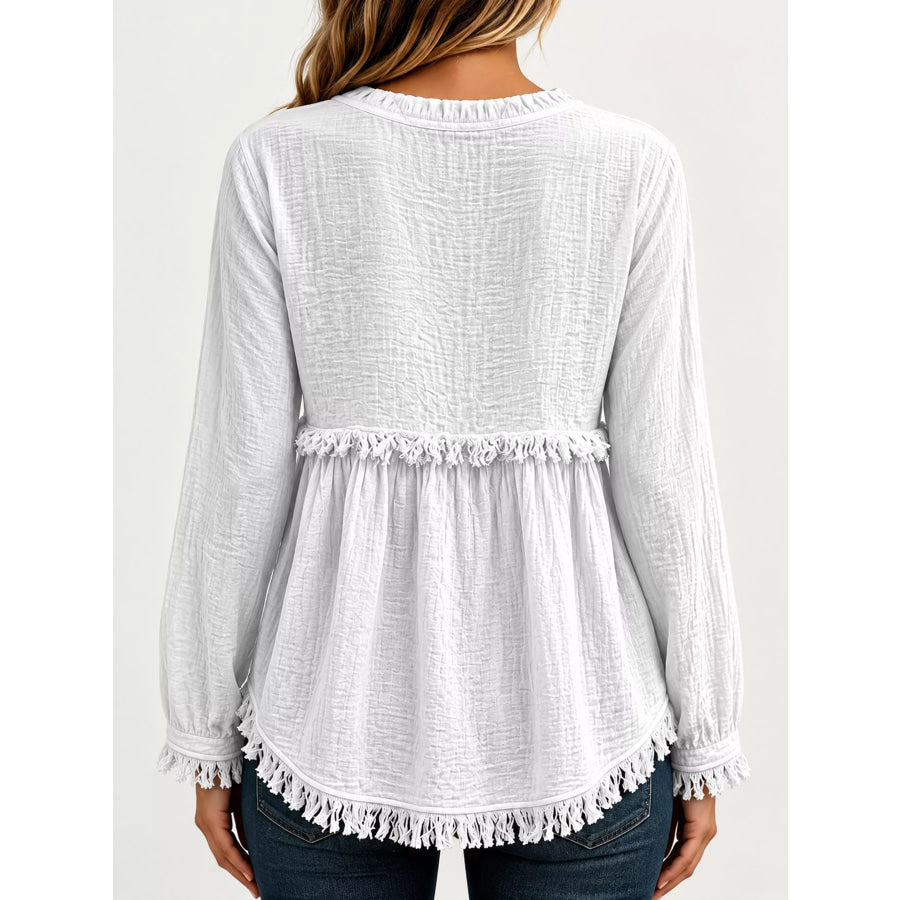 Full Size Frayed Hem Button Detail Blouse Plus Apparel and Accessories