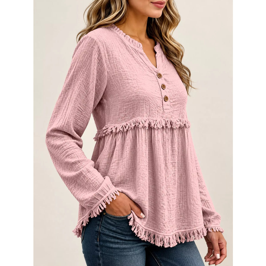 Full Size Frayed Hem Button Detail Blouse Plus Apparel and Accessories