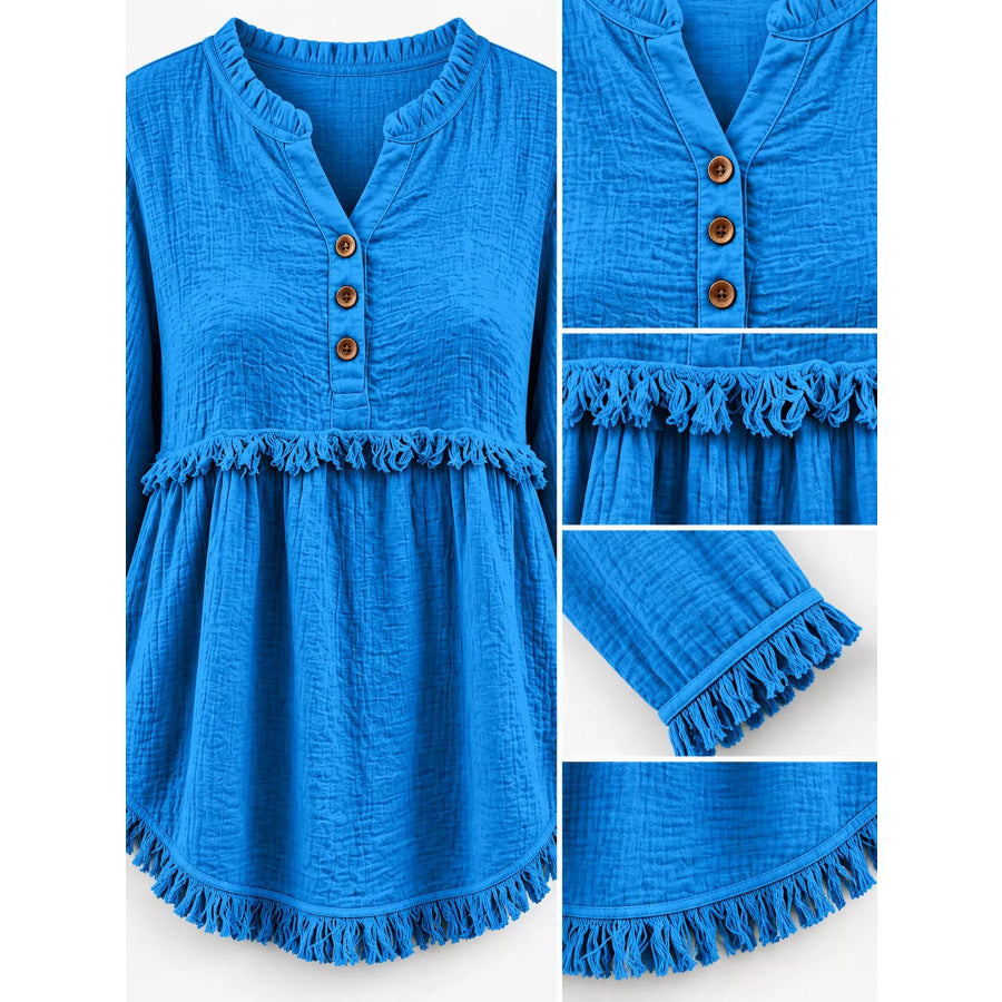 Full Size Frayed Hem Button Detail Blouse Plus Apparel and Accessories