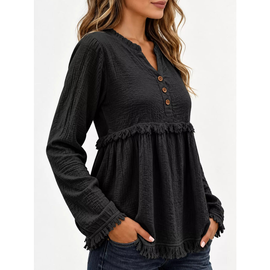 Full Size Frayed Hem Button Detail Blouse Plus Apparel and Accessories