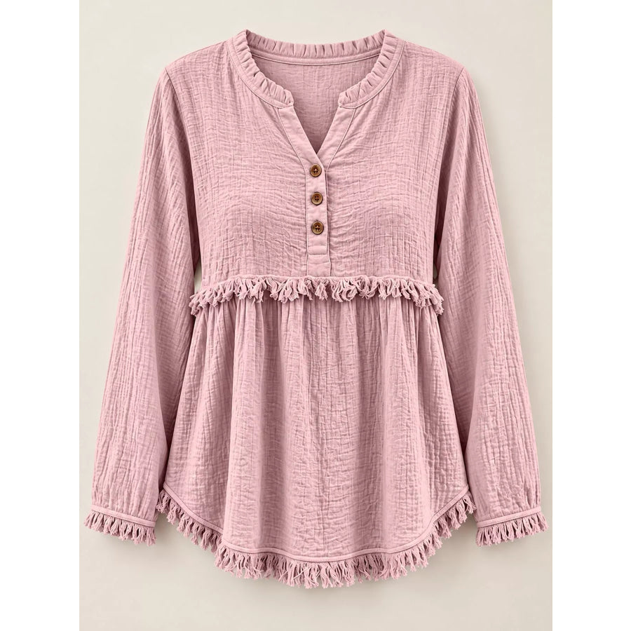 Full Size Frayed Hem Button Detail Blouse Plus Apparel and Accessories