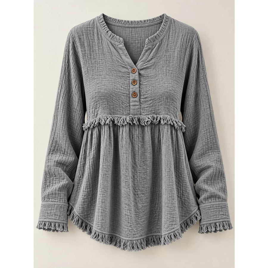 Full Size Frayed Hem Button Detail Blouse Plus Apparel and Accessories