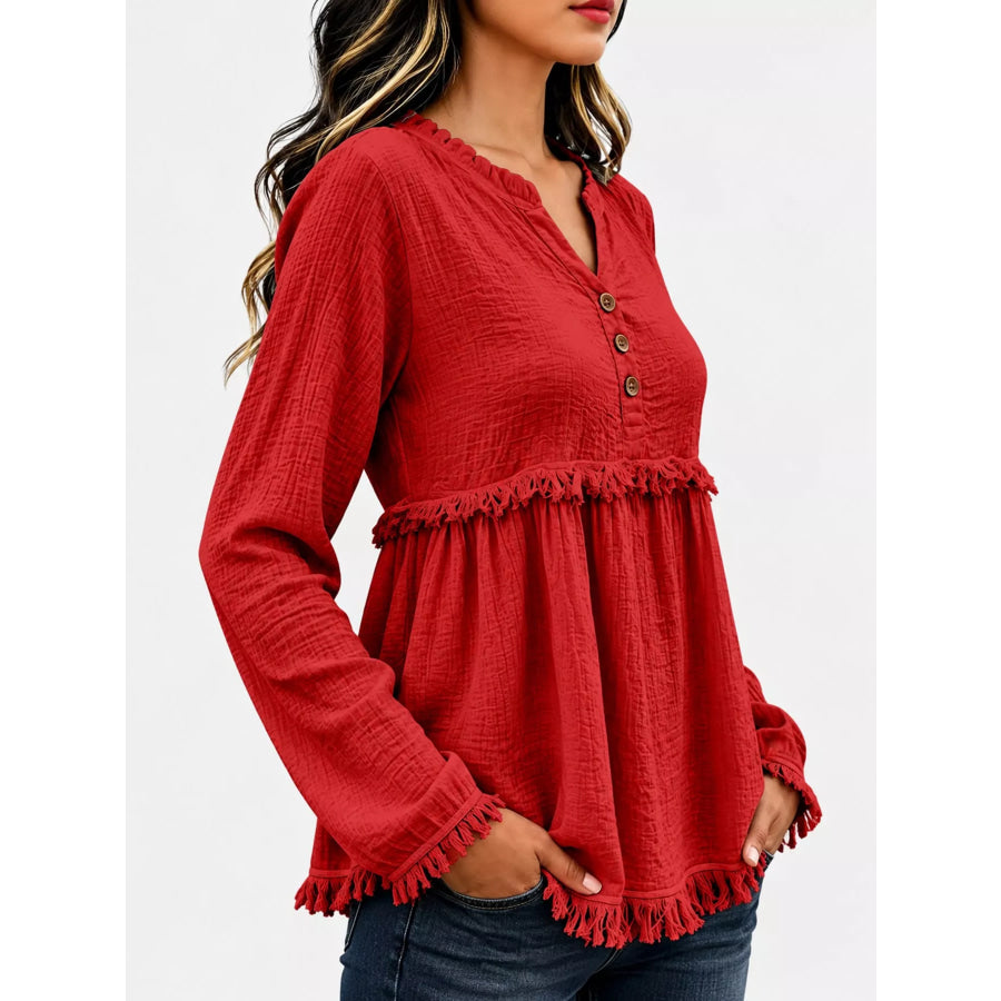 Full Size Frayed Hem Button Detail Blouse Plus Apparel and Accessories