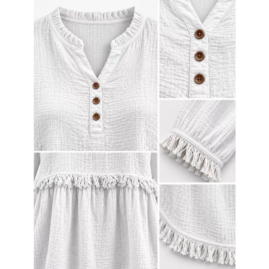 Full Size Frayed Hem Button Detail Blouse Plus Apparel and Accessories