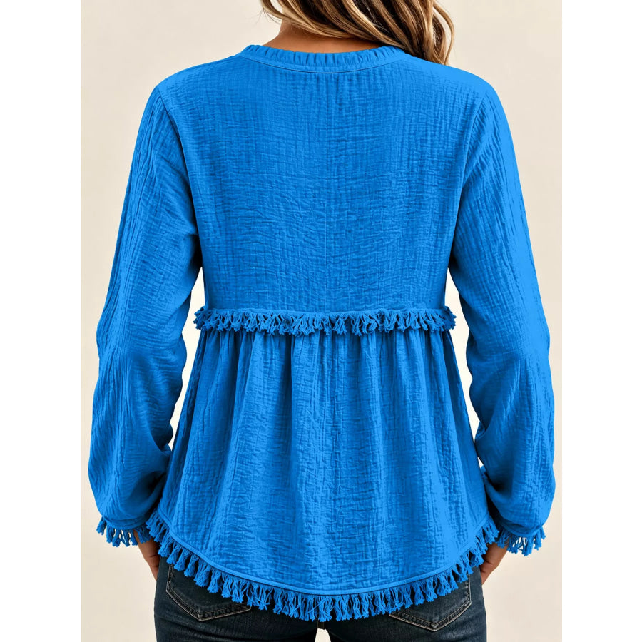 Full Size Frayed Hem Button Detail Blouse Plus Apparel and Accessories