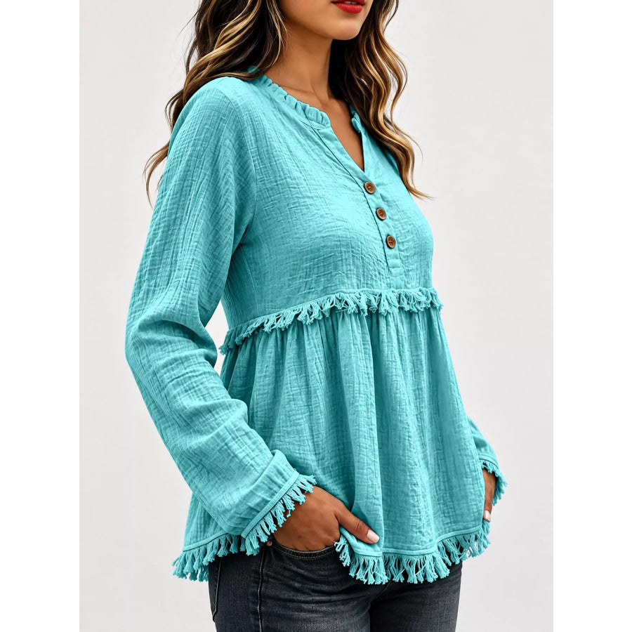 Full Size Frayed Hem Button Detail Blouse Plus Apparel and Accessories