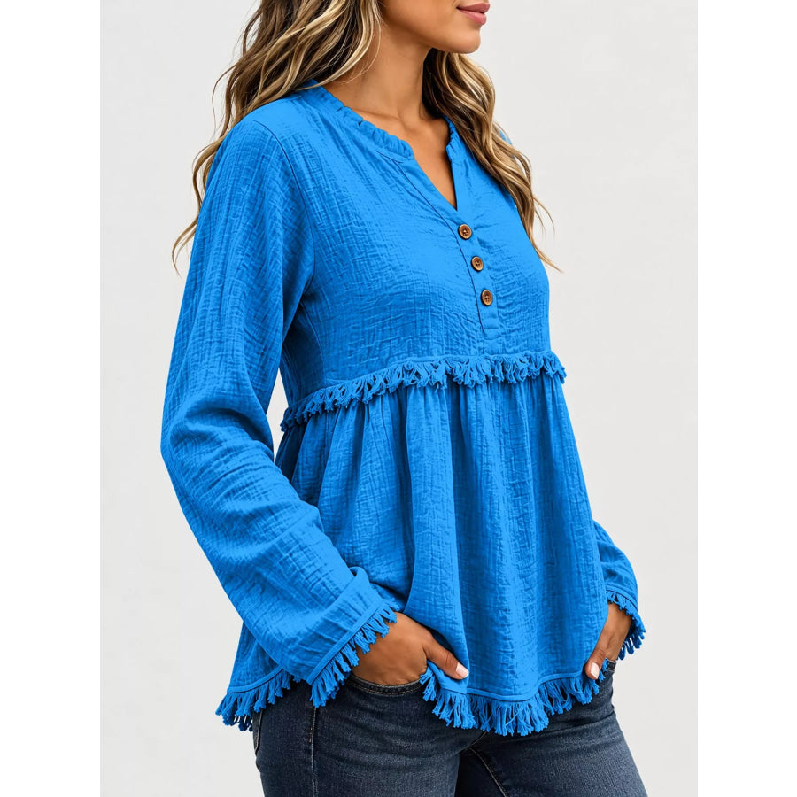 Full Size Frayed Hem Button Detail Blouse Plus Apparel and Accessories