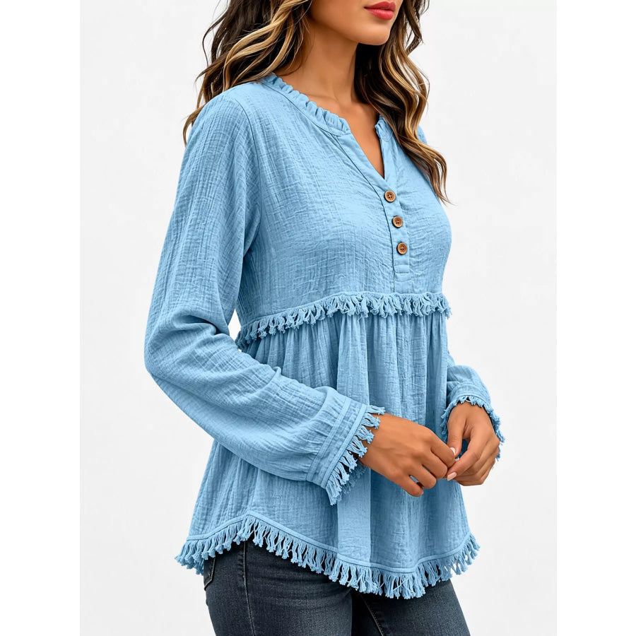 Full Size Frayed Hem Button Detail Blouse Plus Apparel and Accessories