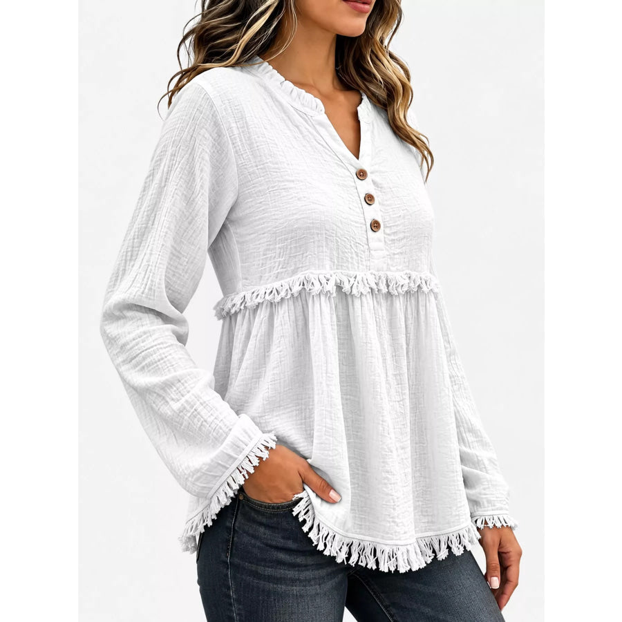 Full Size Frayed Hem Button Detail Blouse Plus Apparel and Accessories