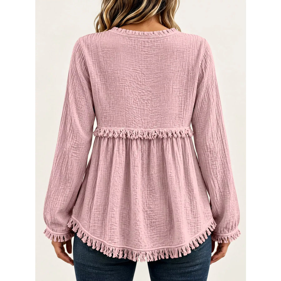Full Size Frayed Hem Button Detail Blouse Plus Apparel and Accessories