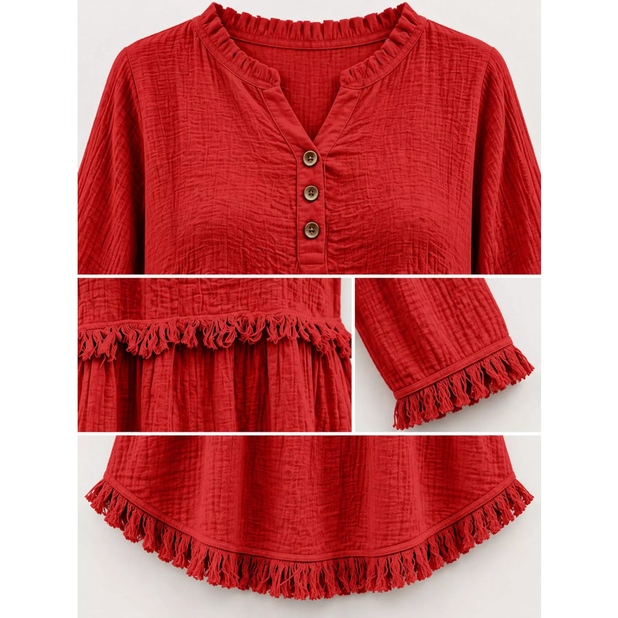 Full Size Frayed Hem Button Detail Blouse Plus Apparel and Accessories