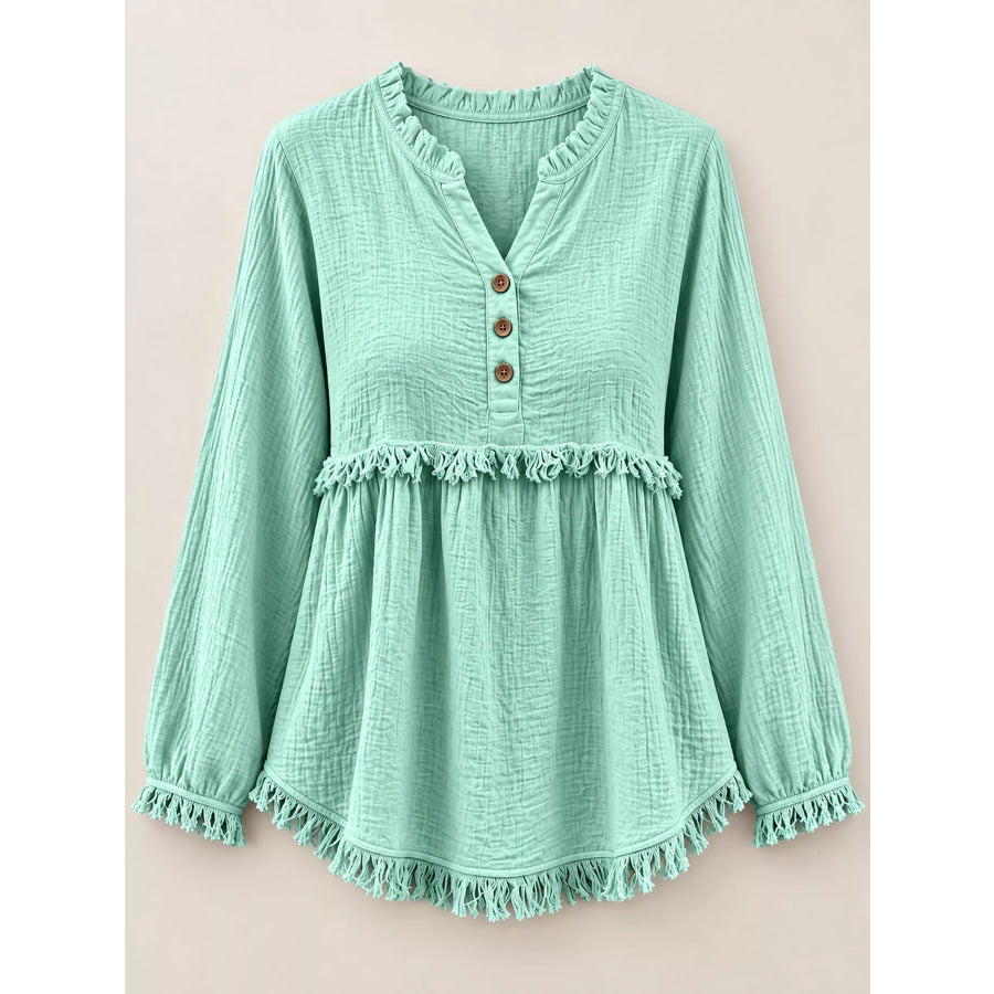 Full Size Frayed Hem Button Detail Blouse Plus Apparel and Accessories
