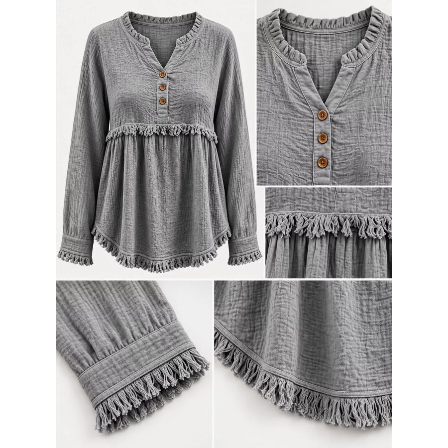 Full Size Frayed Hem Button Detail Blouse Plus Apparel and Accessories