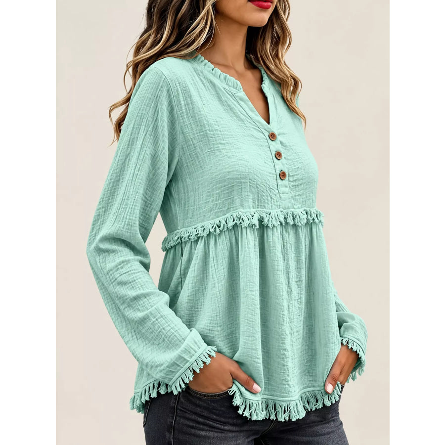 Full Size Frayed Hem Button Detail Blouse Plus Apparel and Accessories