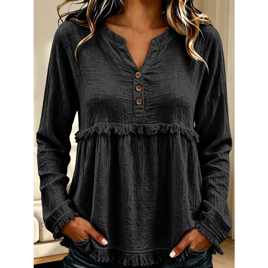Full Size Frayed Hem Button Detail Blouse Plus Black / S Apparel and Accessories