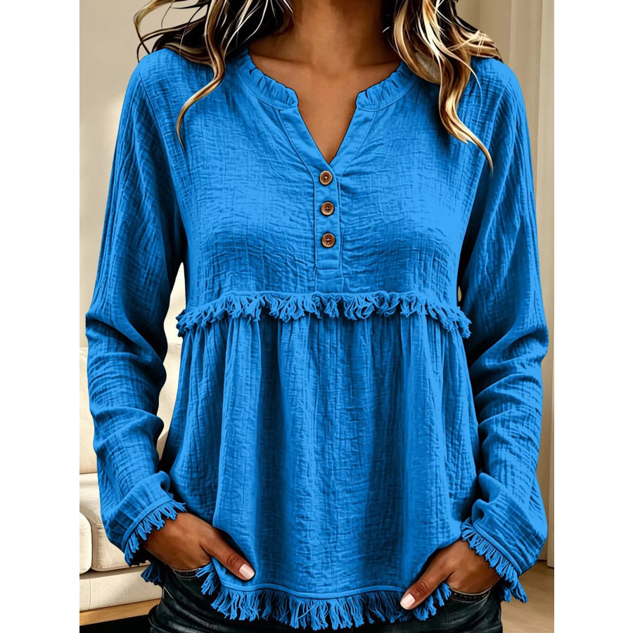Full Size Frayed Hem Button Detail Blouse Plus Blue / S Apparel and Accessories