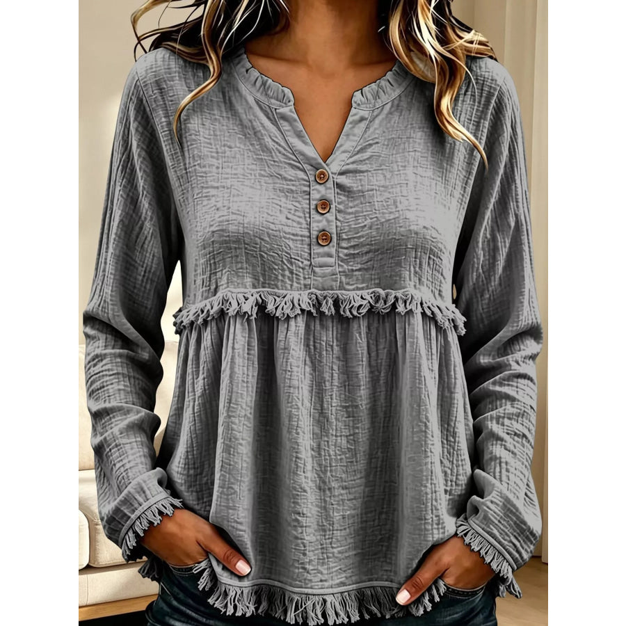 Full Size Frayed Hem Button Detail Blouse Plus Gray / S Apparel and Accessories