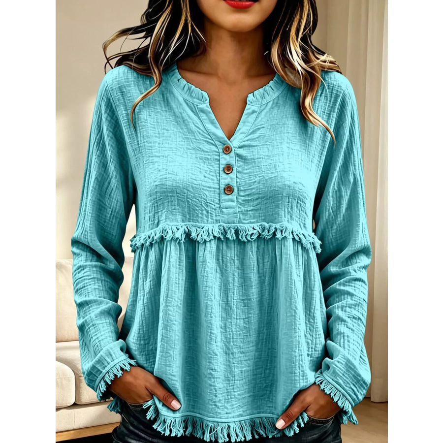 Full Size Frayed Hem Button Detail Blouse Plus Green / S Apparel and Accessories