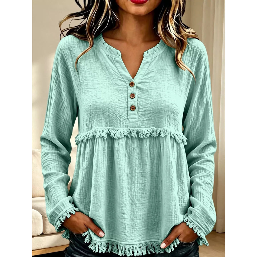 Full Size Frayed Hem Button Detail Blouse Plus Light Green / S Apparel and Accessories