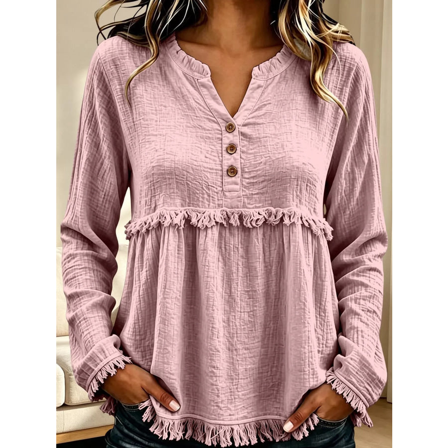 Full Size Frayed Hem Button Detail Blouse Plus Pink / S Apparel and Accessories