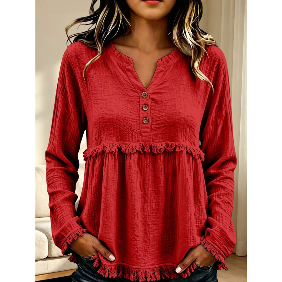 Full Size Frayed Hem Button Detail Blouse Plus Red / S Apparel and Accessories