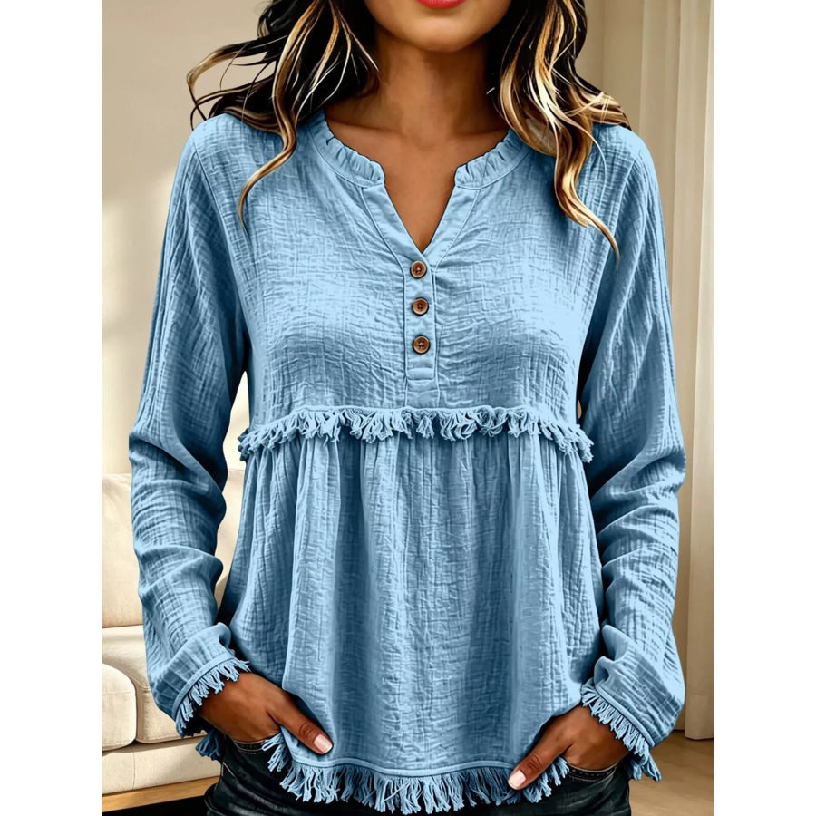 Full Size Frayed Hem Button Detail Blouse Plus Sky Blue / S Apparel and Accessories