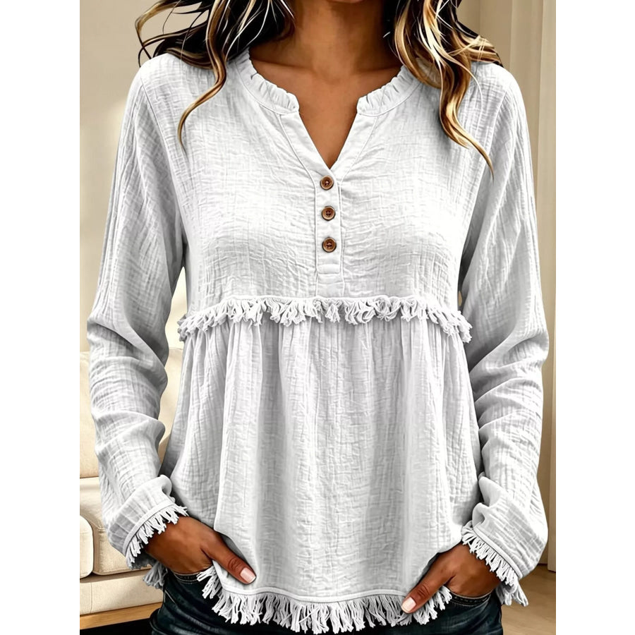 Full Size Frayed Hem Button Detail Blouse Plus White / S Apparel and Accessories