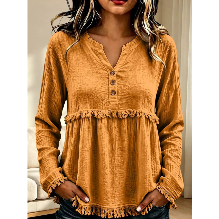 Full Size Frayed Hem Button Detail Blouse Plus Yellow / S Apparel and Accessories
