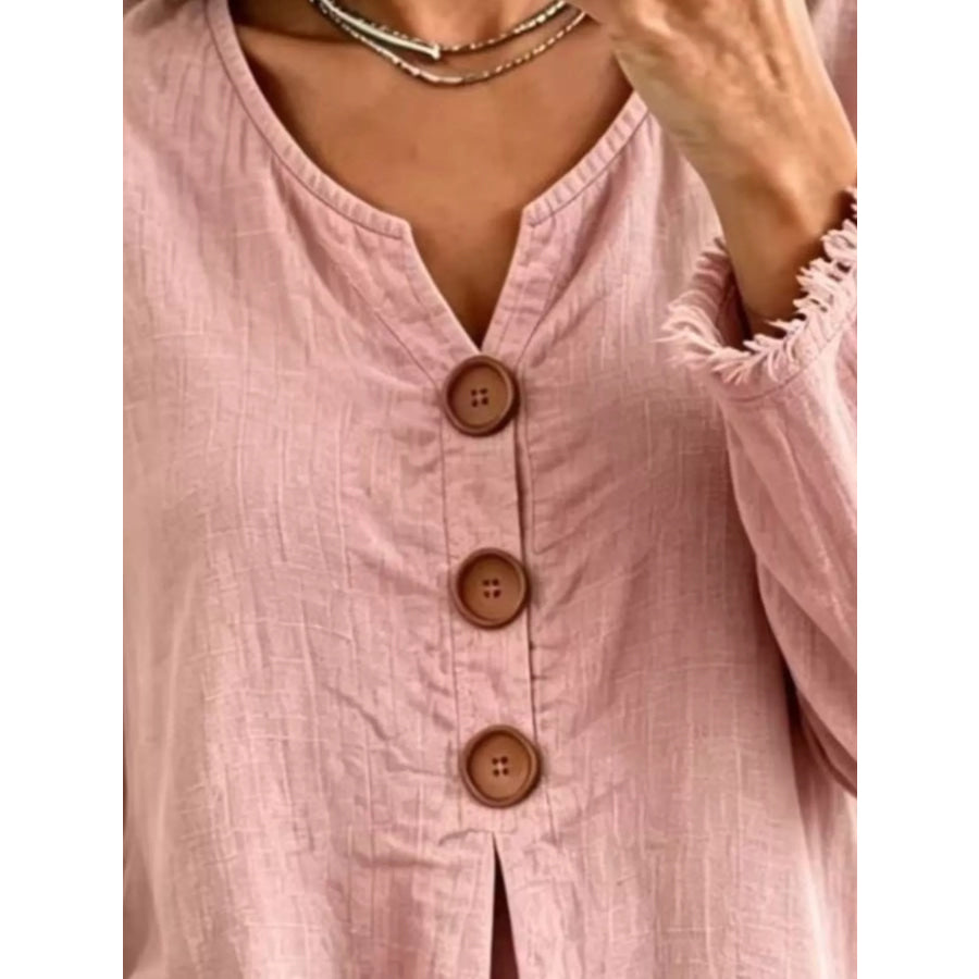 Full Size Frayed Hem Long Sleeve Blouse Plus Apparel and Accessories
