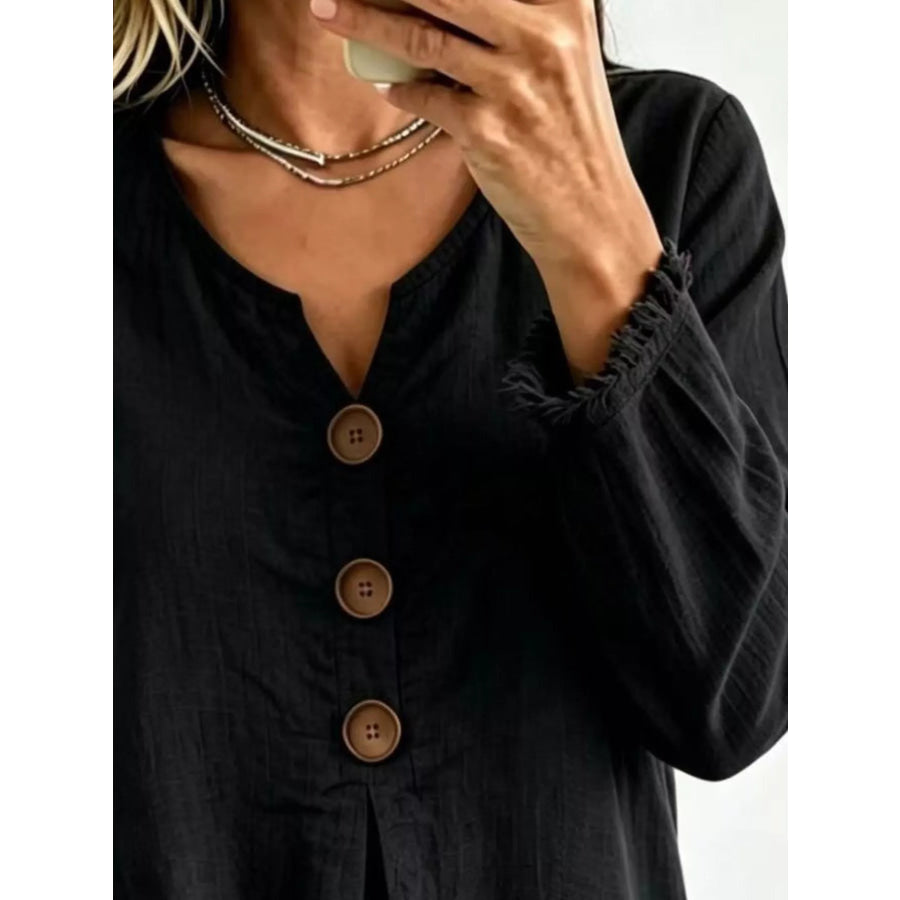 Full Size Frayed Hem Long Sleeve Blouse Plus Apparel and Accessories