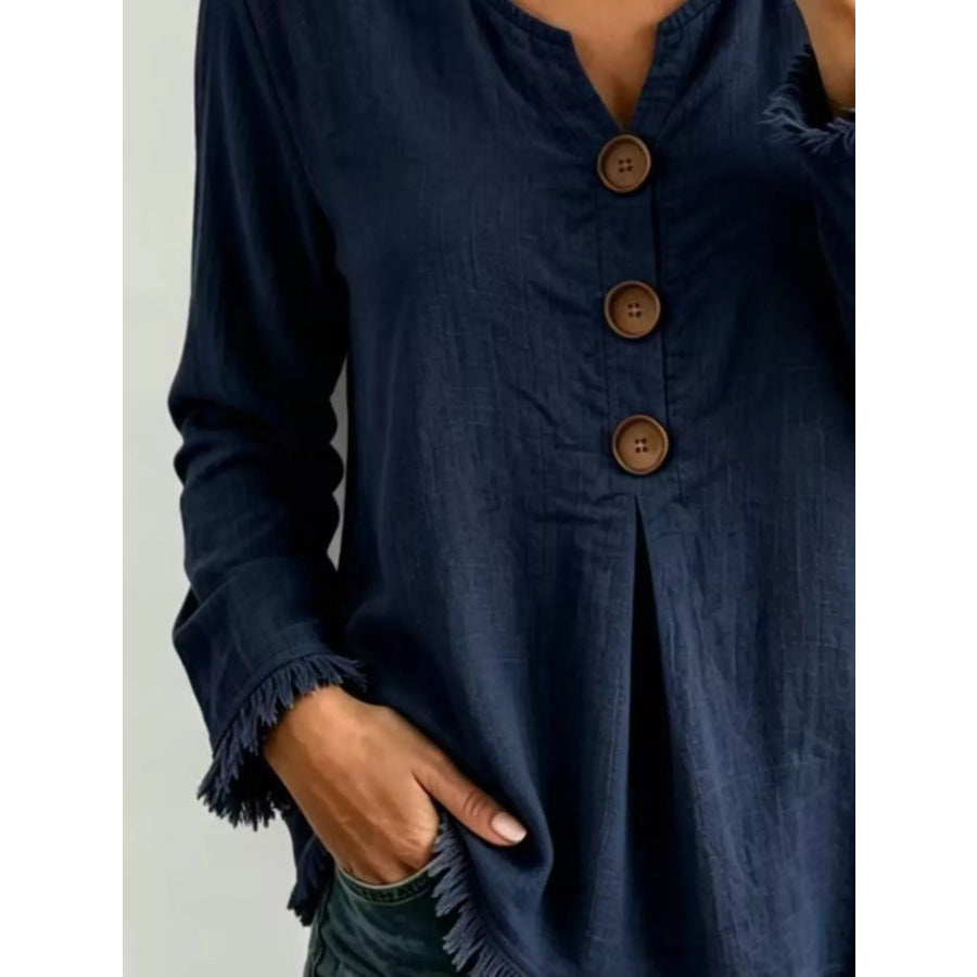 Full Size Frayed Hem Long Sleeve Blouse Plus Apparel and Accessories